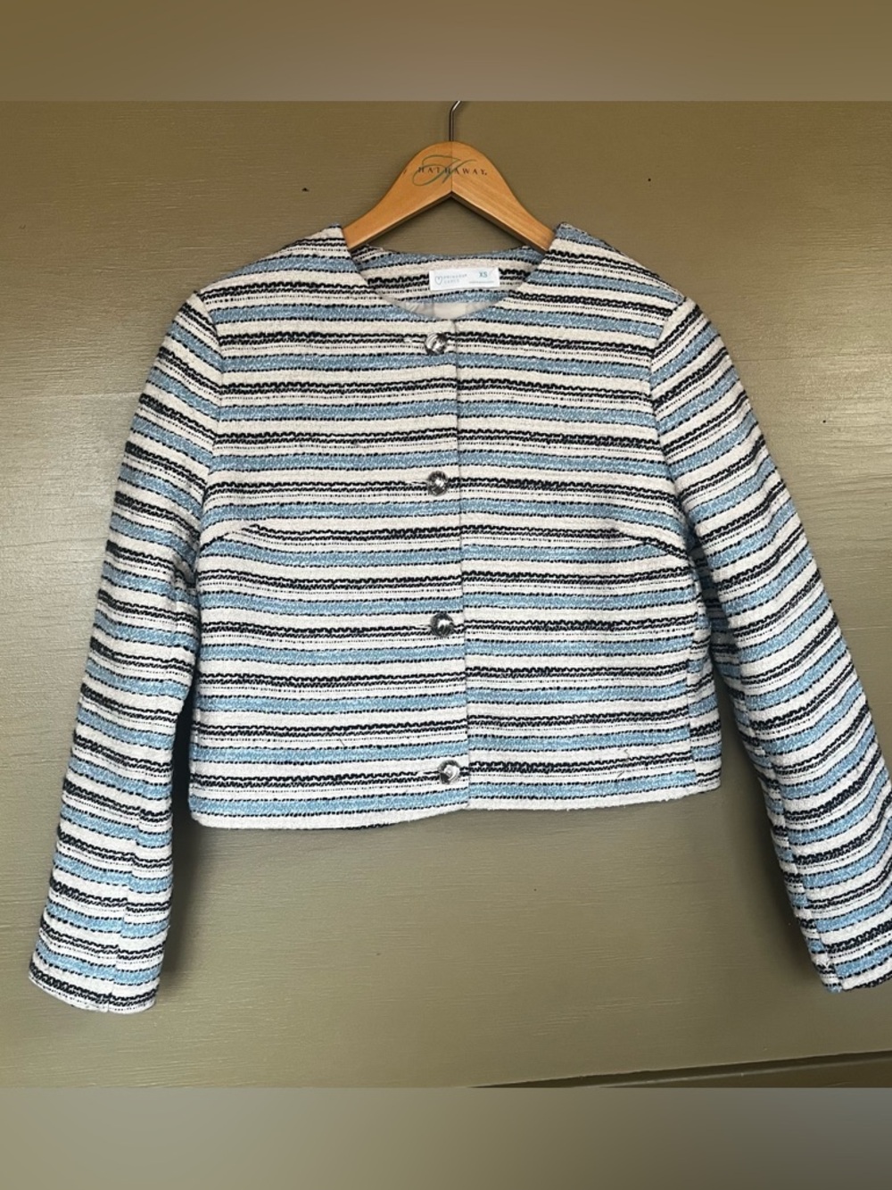 Primark Cares metallic Striped Cropped Tweed Jacket in Light Blue, White & Black